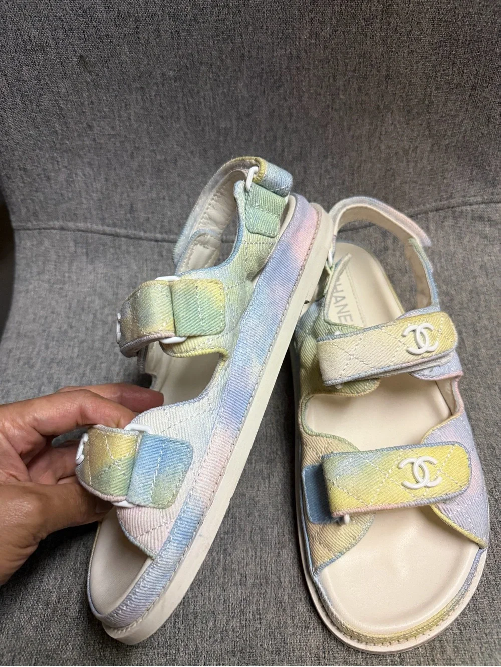 CHANEL Pastel Multicolor Quilted Velcro Sandals